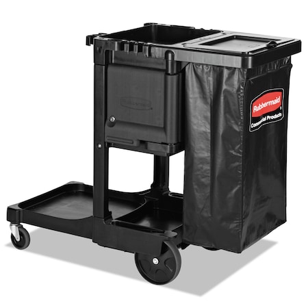 Rubbermaid Commercial Executive Janitorial Cleaning Cart, Plastic, 4 Shelves, 1 Bin, 21.75" x 46" x 38.38", Black 1861430